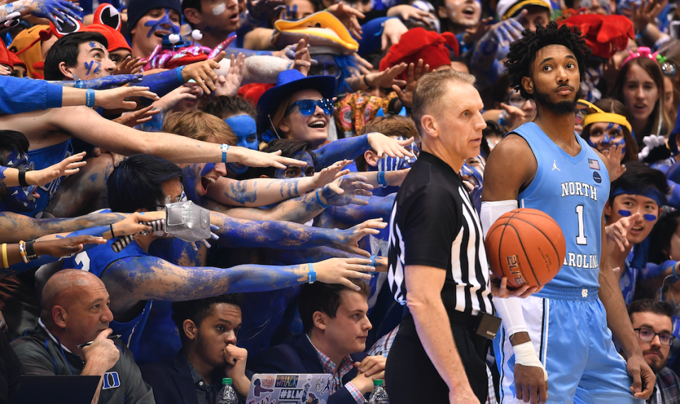 The Cameron Crazies taunt Leaky Black #1 of the North Carolina Tar Heels during the second half of their game against the Duke Blue Devils at Cameron Indoor Stadium on March 07, 2020 in Durham, North Carolina. (Photo: Grant Halverson/Getty Images)