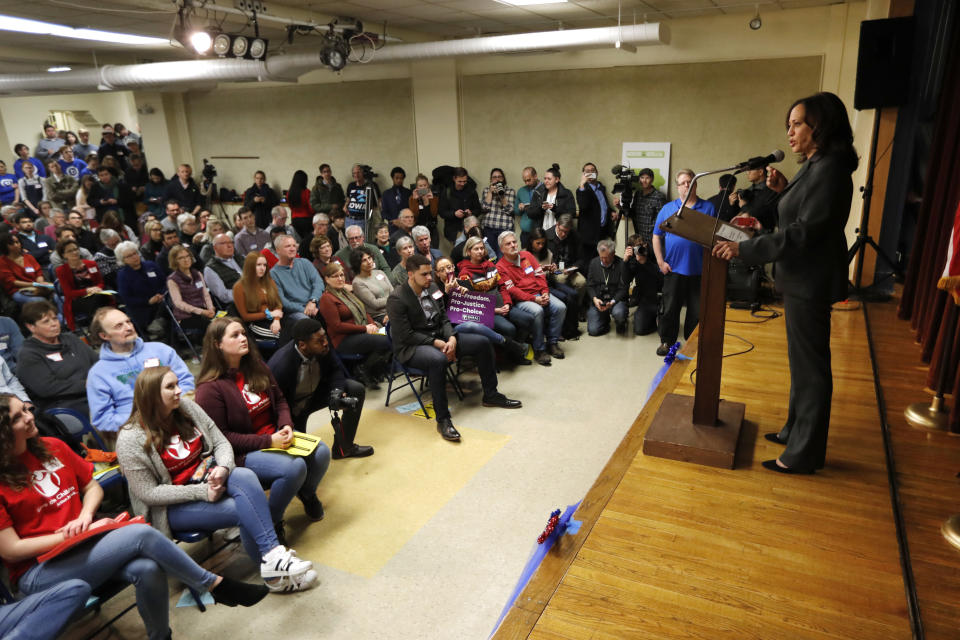 Democratic presidential candidate Sen. Kamala Harris speaks at the Story County Democrats' annual soup supper fundraiser, Saturday, Feb. 23, 2019, in Ames, Iowa. (AP Photo/Charlie Neibergall)