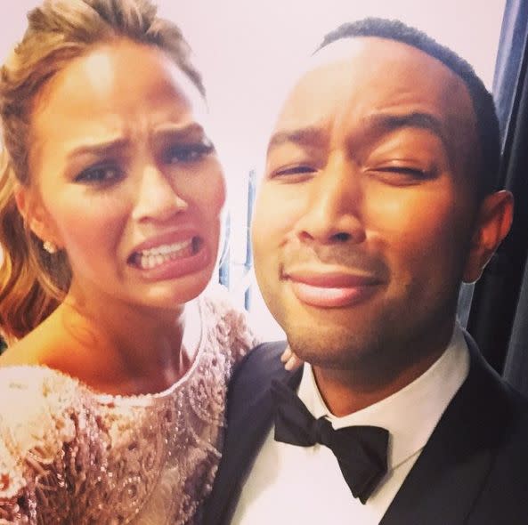 The couple makes fun of Teigen's crying face that went viral when Legend won a Golden Globe at the 2015 ceremony. 