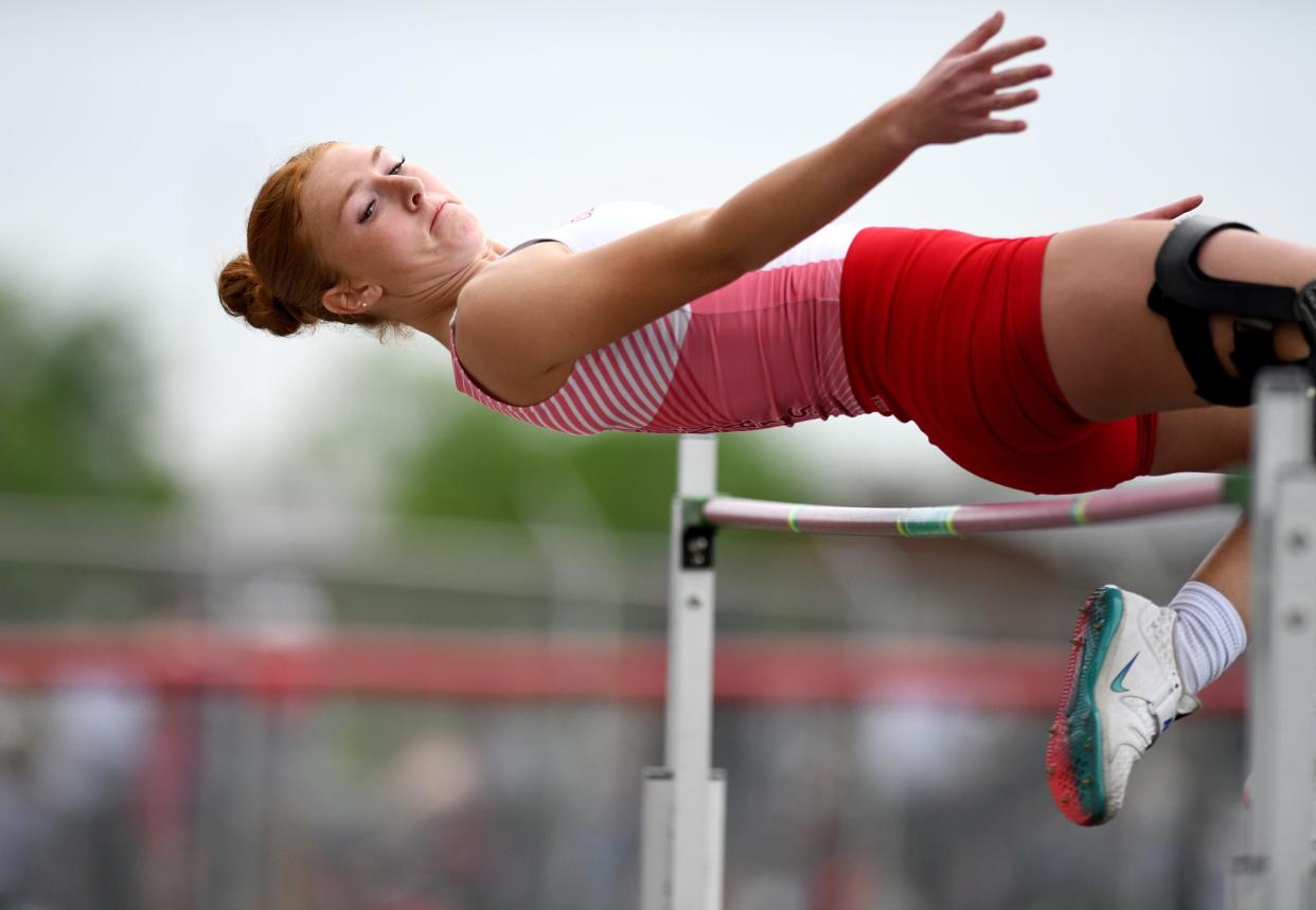 Sandy Valley’s Lexi Tucci competes in the high Jump during Tuesday's quad meet against Indian Valley, Malvern and Tusky Valley.