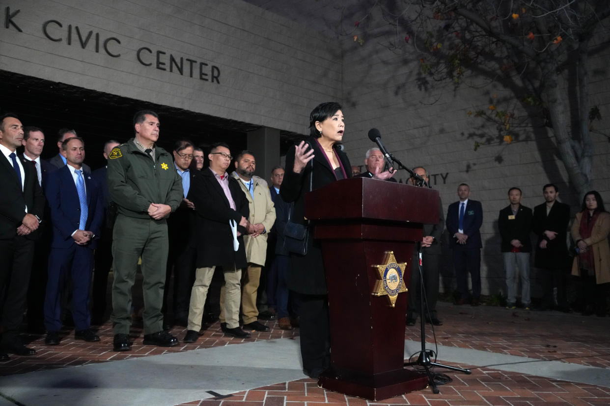 Chu speaks to the media outside the Monterey Park Civic Center.