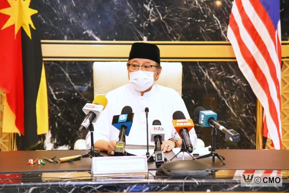 Abang Johari Tun Openg speaks during a virtual press conference in Kota Kinabalu October 15, 2021. — Picture courtesy of the Sarawak Chief Minister’s Office