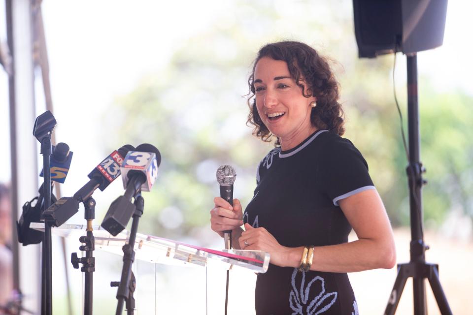 Zoe Kahr, executive director of the Memphis Brooks Museum of Art, speaks during the groundbreaking ceremony for the Memphis Brooks Museum of Art downtown location in Downtown Memphis, on Thursday, June 1, 2023.