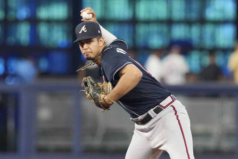 FILE -Atlanta Braves shortstop Vaughn Grissom (18)(18) aims to throw to first base during a baseball game against the Miami Marlins, Thursday, May 4, 2023, in Miami. Chris Sale's injury-filled career with the Boston Red Sox ended Saturday, Dec. 30, 2023 when the 34-year-old left-hander was traded the Atlanta Braves for infielder Vaughn Grissom.(AP Photo/Marta Lavandier, File)