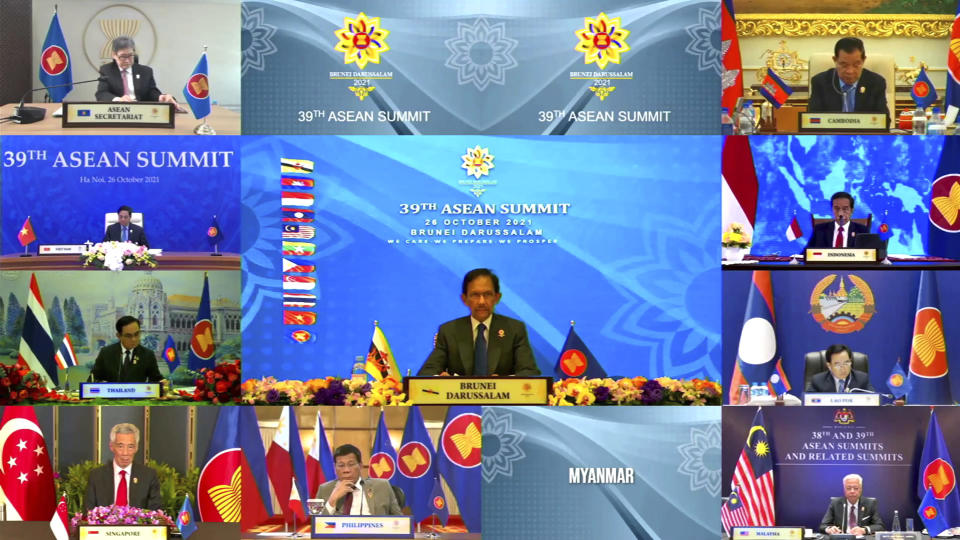 This image released on Tuesday, Oct. 26, 2021, by Brunei ASEAN Summit shows ASEAN chairman, Brunei's Sultan Hassanal Bolkiah speaks in Bandar Seri Begawan, Brunei, during a virtual summit with the leaders of the Association of Southeast Asian Nations (ASEAN) member​ states. Southeast Asian leaders began their annual summit without Myanmar on Tuesday amid a diplomatic standoff over the exclusion of the leader of the military-ruled nation from the group's meetings. An empty box of Myanmar is seen at bottom second from right. (Brunei ASEAN Summit via AP)