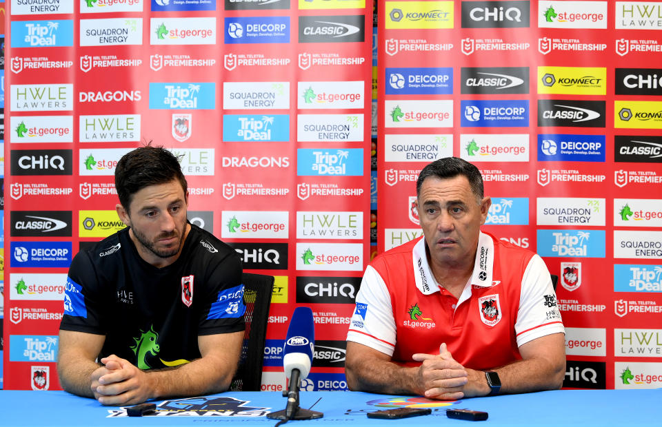 GOLD COAST, AUSTRALIA - MARCH 09: Ben Hunt and Shane Flanagan, head coach of the Dragons, speak after the round one NRL match between the Gold Coast Titans and St George Illawarra Dragons at Cbus Super Stadium, on March 09, 2024, in Gold Coast, Australia. (Photo by Bradley Kanaris/Getty Images)