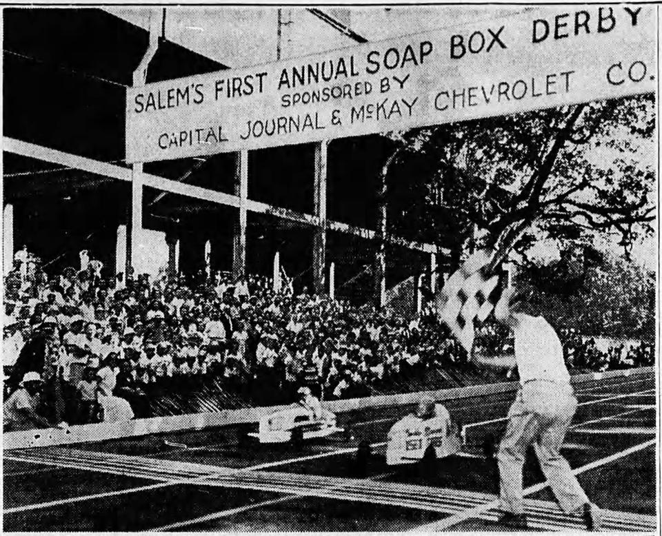 Keizer brothers Doug and Danny Adams race to the finish line for Salem's first Soap Box Derby championship as published in the July 14, 1952 Capital Journal.