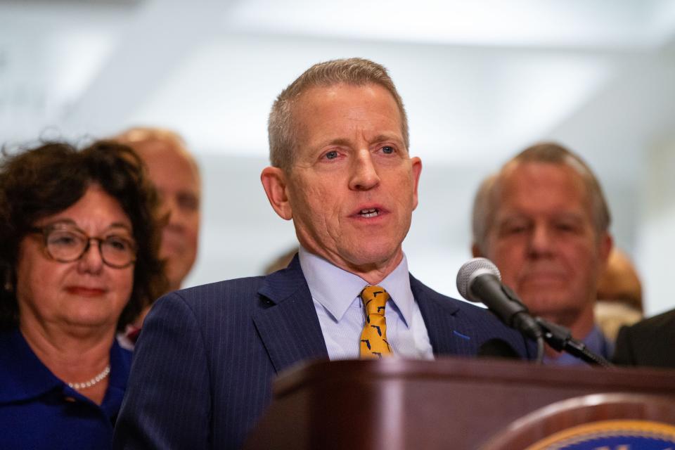 Speaker of the House Paul Renner gives brief remarks following the traditional sine die hanky drop on the last day of the Florida legislative session on Friday, March 8, 2024.