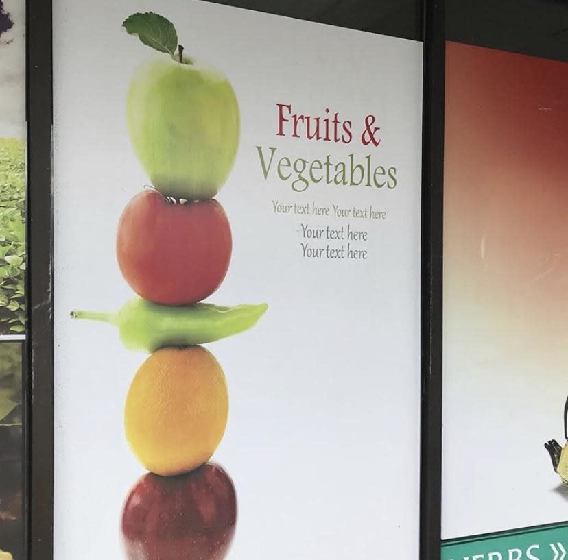 "Fruits and vegetables" heading with a bunch of "Your text here" below it