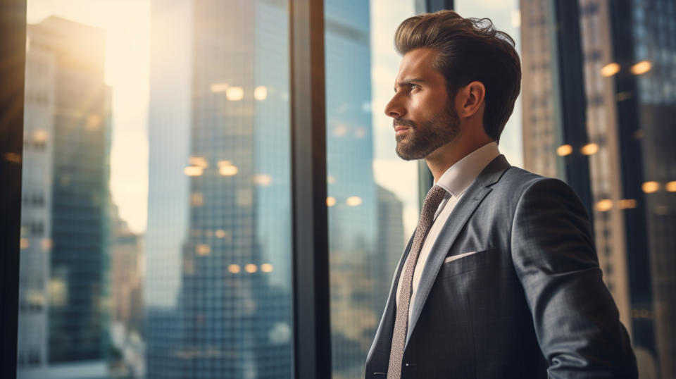 A businessperson confidently looking out the window of a corporate office building.