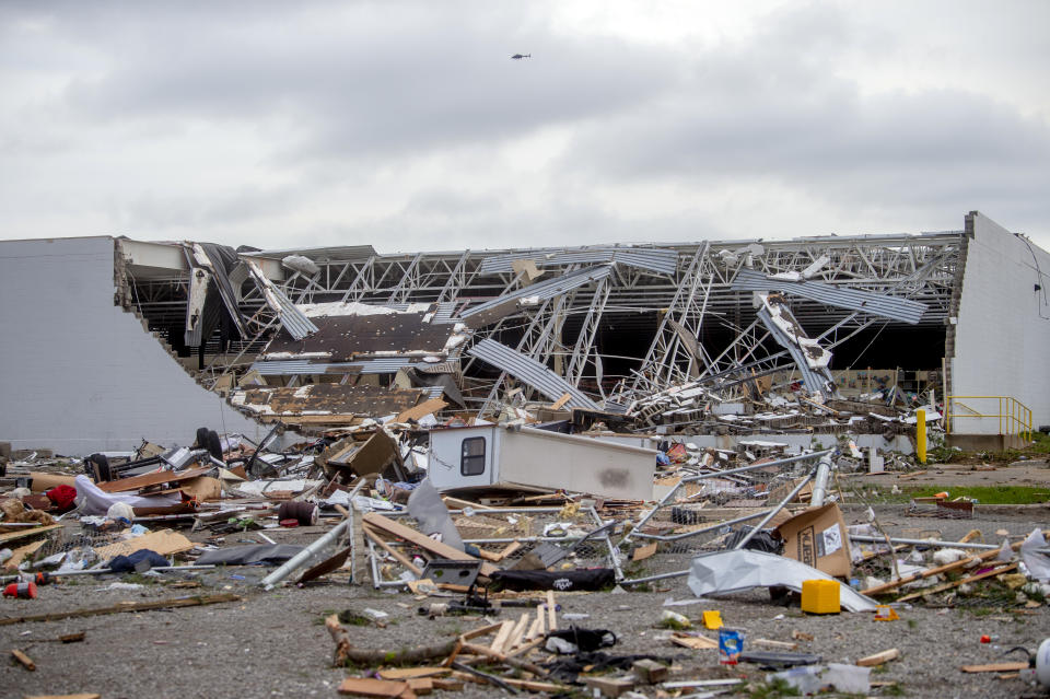 Damage to Hobby Lobby is seen Saturday, May 21, 2022, after a tornado came through the area a day earlier by Michigan state Highway 32, in Gaylord, Mich. (Jake May/MLive.com/The Flint Journal via AP)