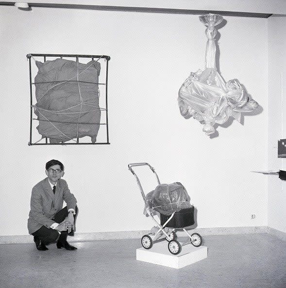 Christo at an exhibition of his early work in Rome in 1963 -  Bettmann