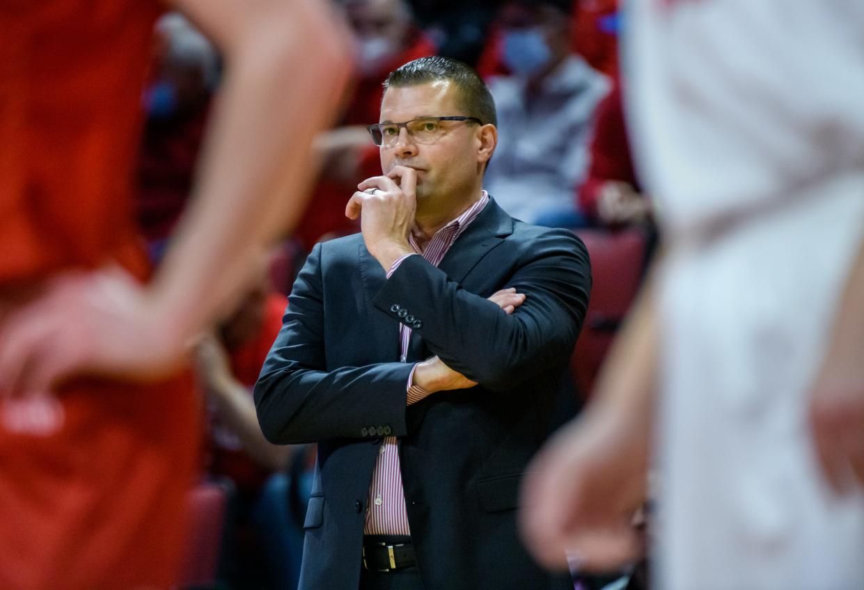 Bradley head coach Brian Wardle looks on as the Braves fall behind to rival Illinois State in the second half Sunday, Jan. 16, 2022 at Redbird Arena in Normal. The Braves fell to the Redbirds 74-65.