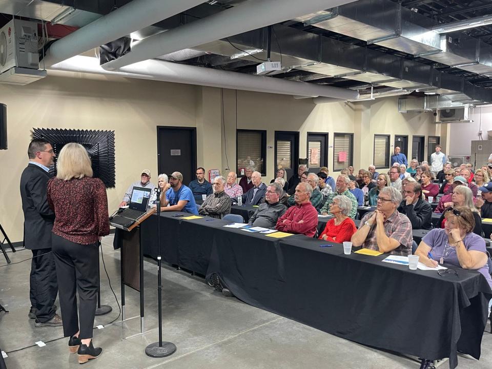 Rick Weible and Jessica Pollema give a presentation to Concerned Citizens of Lincoln County at an October event in Sioux Falls, S.D. “If you want to get rid of election deniers, you have to let them be part of the process,” Weible said.
