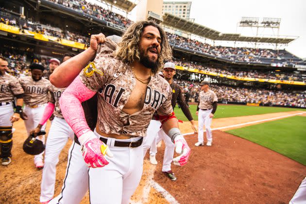 Jorge Alfaro of the San Diego Padres celebrates after hitting a walk-off home run in the ninth inning against the Miami Marlins on May 8 at Petco Park in San Diego, California. (Photo: Matt Thomas/San Diego Padres via Getty Images)