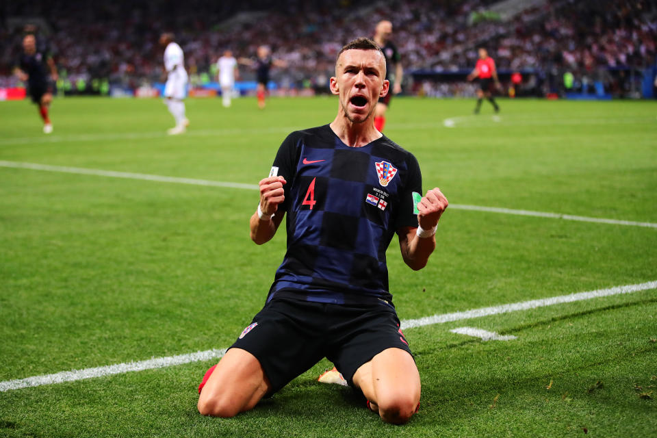 Ivan Perisic celebrates scoring against England in the 2018 World Cup semi-final.