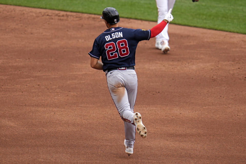 Atlanta Braves' Matt Olson (28) rounds the bases after hitting a solo home run off Pittsburgh Pirates starting pitcher Bailey Falter during the third inning of a baseball game in Pittsburgh, Thursday, Aug. 10, 2023. (AP Photo/Gene J. Puskar)