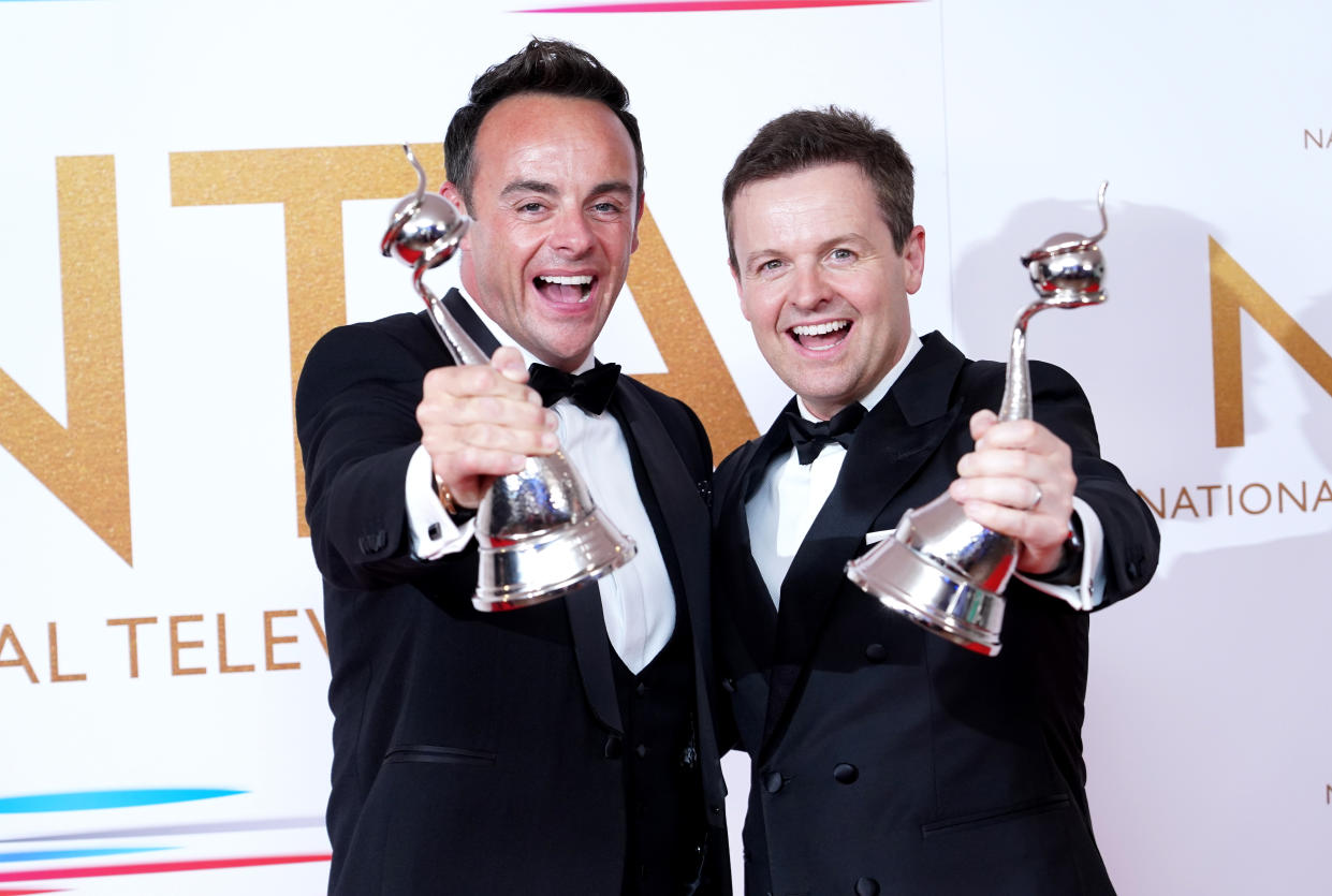 Ant McPartlin (left) and Declan Donnelly in the press room after winning the TV Presenter award for the 20th consecutive time at the National Television Awards 2021 held at the O2 Arena, London. Picture date: Thursday September 9, 2021. (Photo by Ian West/PA Images via Getty Images)