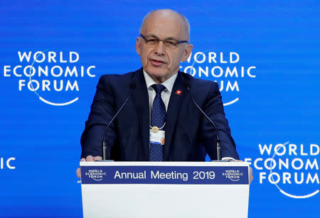 FILE PHOTO: Swiss President Ueli Maurer speaks at the World Economic Forum (WEF) annual meeting in Davos, Switzerland, January 22, 2019. REUTERS/Arnd Wiegmann