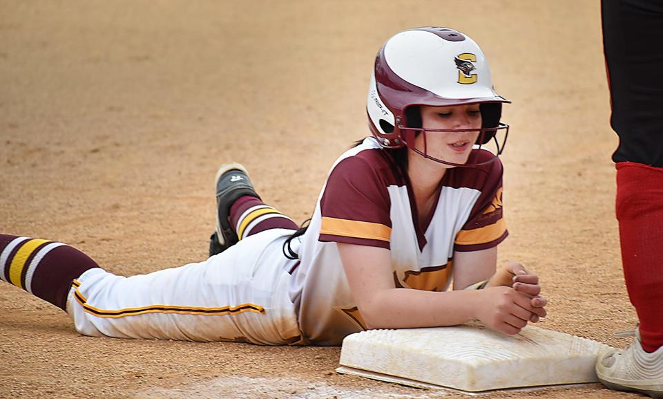 Case High's Emera Marcello is at third base with an apparent triple. Seconds later, Amesbury successfully appealed that Marcello had not tagged first base.