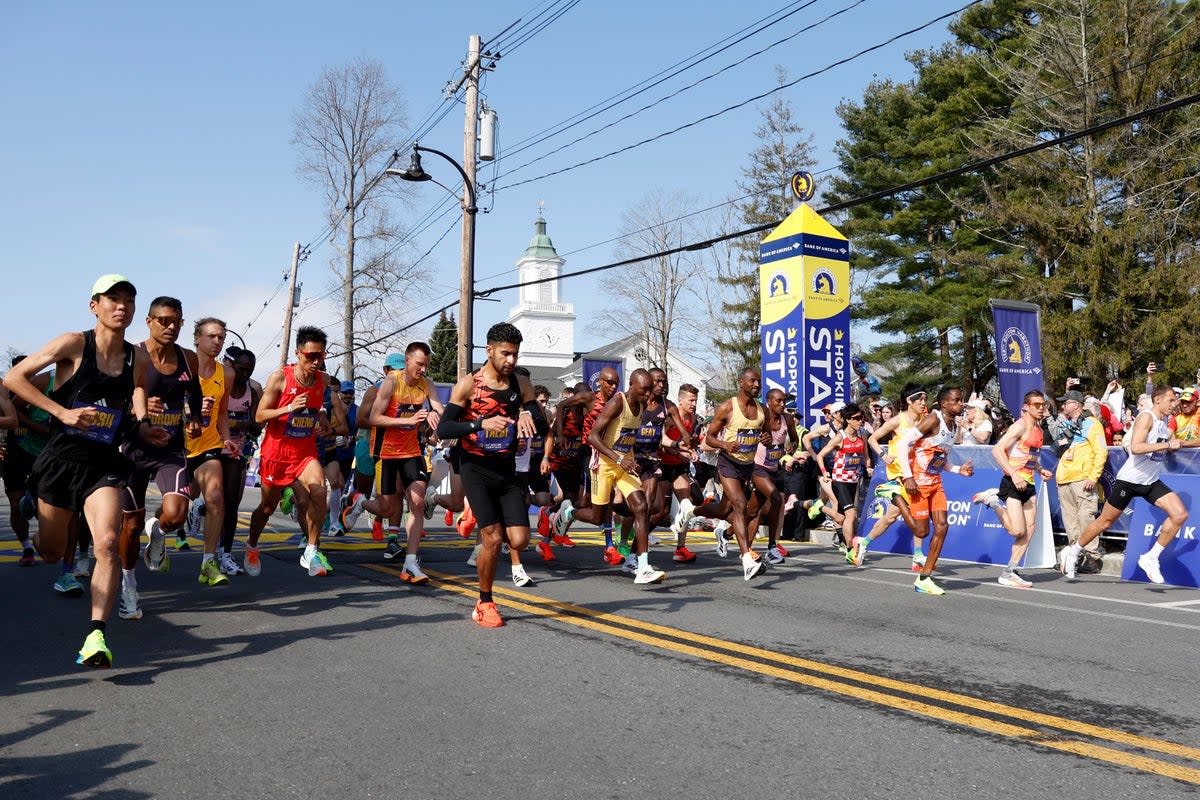 Elite male runners break from the start line of the Boston Marathon, Monday, April 15, 2024, in Hopkinton, Massachussetts. Survivors of the 2013 Boston bombings will be honored at this year’s marathon (AP)