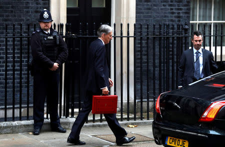 FILE PHOTO: Britain's Finance Secretary Philip Hammond leaves Downing Street on his way to deliver his budget statement to parliament, London, Britain, November 22, 2017. REUTERS/Peter Nicholls/File Photo