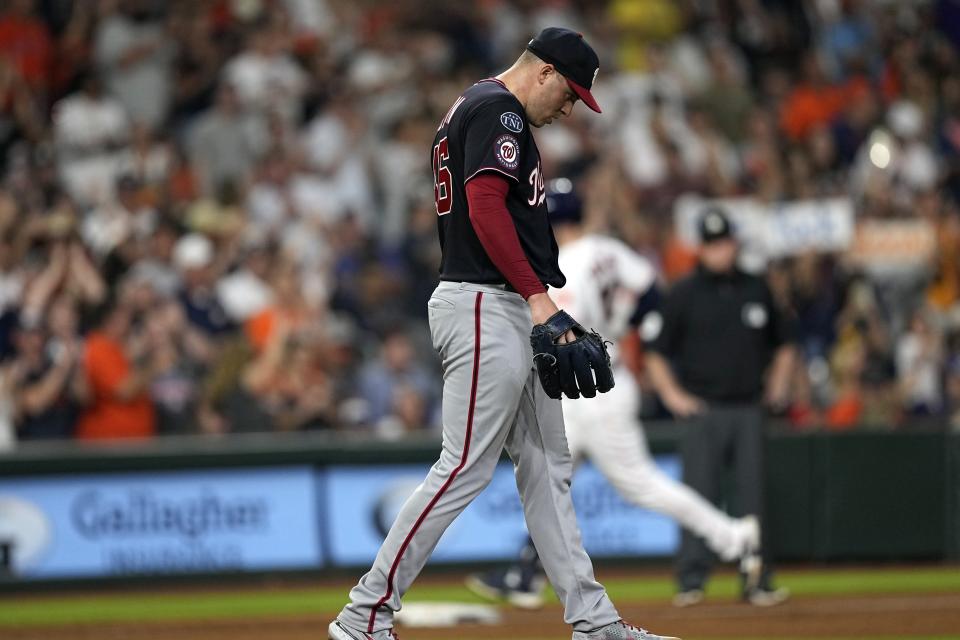 Washington Nationals starting pitcher Patrick Corbin walks off the mound after giving up a home run to Houston Astros' Kyle Tucker during the fifth inning of a baseball game Tuesday, June 13, 2023, in Houston. (AP Photo/David J. Phillip)