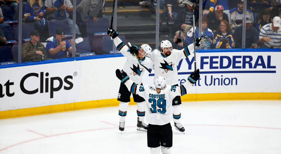 A subdued goal celebration for Erik Karlsson. (Getty)