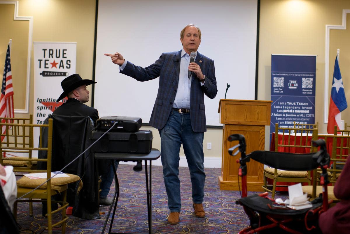 Texas Attorney General Ken Paxton endorses David Covey at an event in Beaumont on Monday, Jan 15, 2024. Covey is running against House Speaker Dade Phelan in the Republican primary.