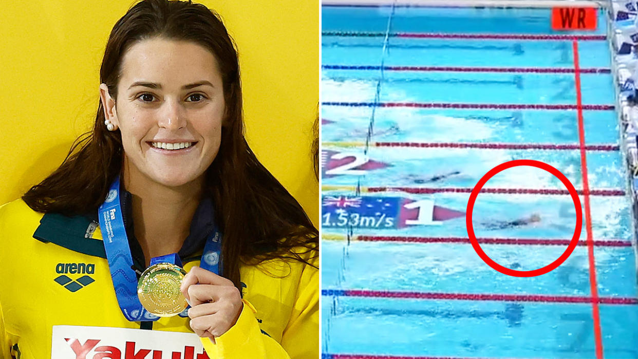 This photo shows Kaylee McKeown posing with her gold after a historic moment at the world short course championships.