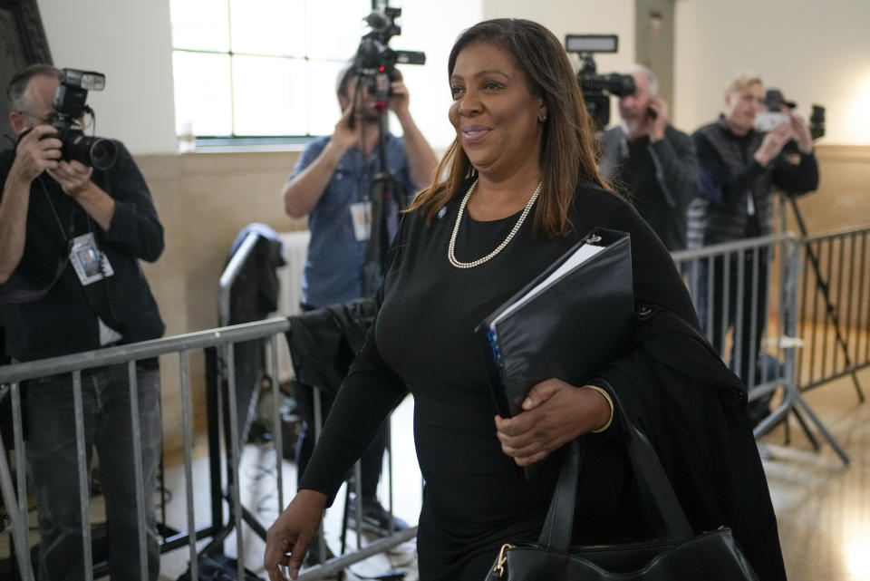 New York Attorney General Letitia James arrives at New York Supreme Court, Tuesday, Oct. 10, 2023, in New York. (AP Photo/Seth Wenig)