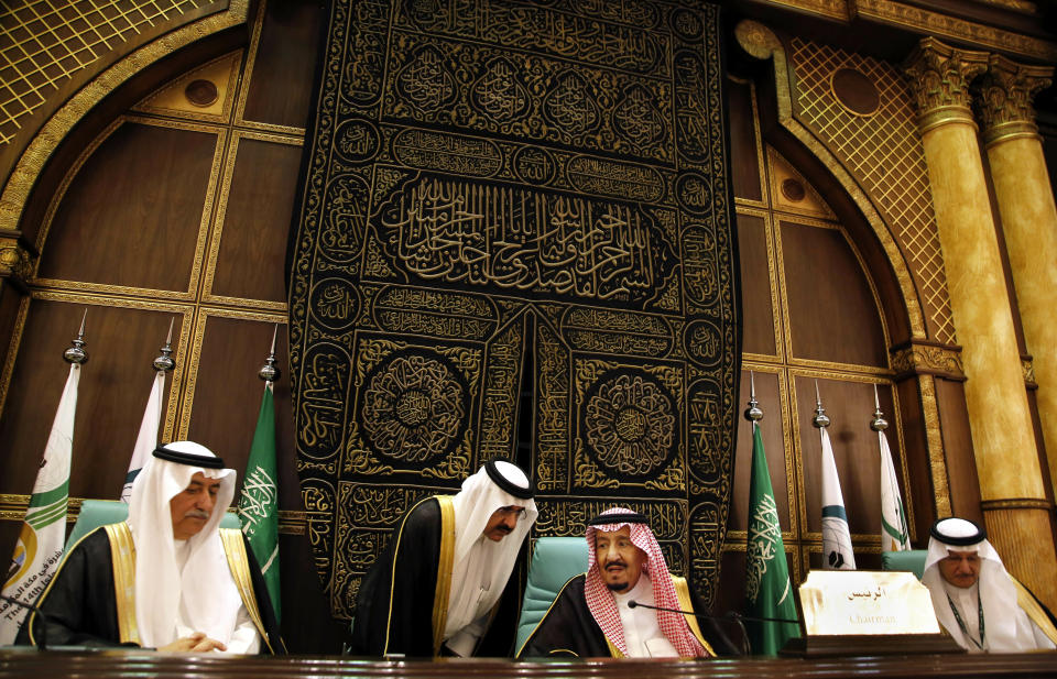 Saudi King Salman, center, chairs the Islamic Summit of the Organization of Islamic Cooperation (OIC) in Mecca, Saudi Arabia, early Saturday, June 1, 2019. Muslim leaders from some 57 nations gathered in Islam's holiest city of Mecca late Friday to discuss a breadth of critical issues ranging from a spike in tensions in the Persian Gulf, to Palestinian statehood, the plight of Rohingya refugees and the growing threat of Islamophobia. (AP Photo/Amr Nabil)