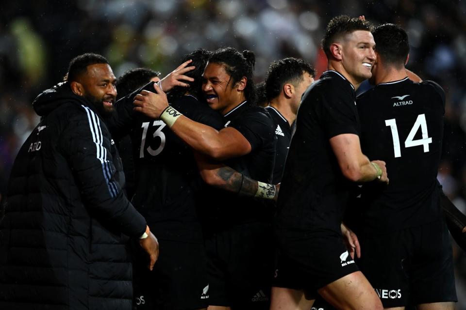 Rieko Ioane of the All Blacks celebrates after scoring a try (Getty Images)