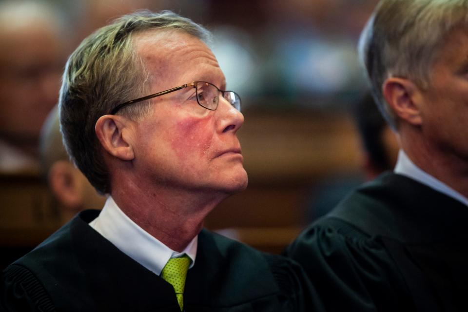 Justice Edward M. Mansfield watches as Acting Chief Justice David Wiggins delivers the Condition of the Judiciary at the Iowa State Capitol on Wednesday, Jan. 15, 2020, in Des Moines.