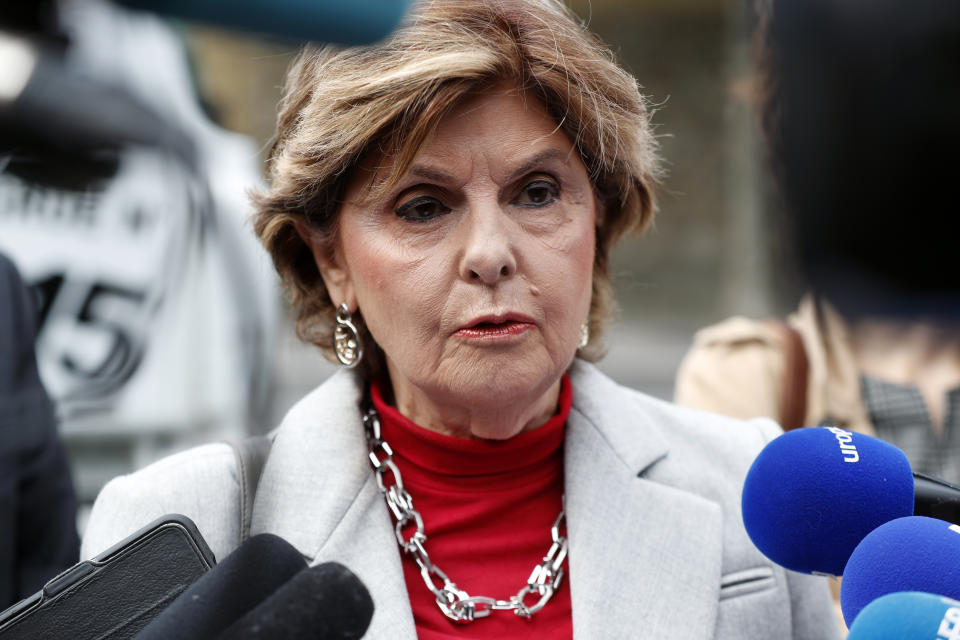 American lawyer Gloria Allred gives a press conference, in Paris, Tuesday, May 28, 2019. The lawyer for a woman who filed a rape complaint in Paris against Chris Brown says the American rap artist "has thumbed his nose at and shown disrespect for the French legal system" after he did not attend a confrontation with the alleged victim Tuesday. (AP Photo/Thibault Camus)