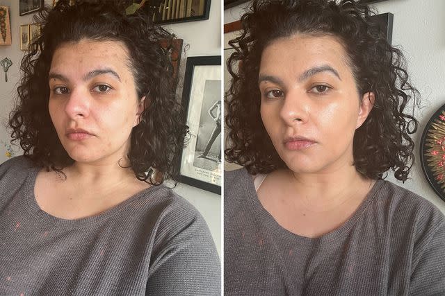 <p>InStyle / Tamim Alnuweiri</p> Before (left) and after (right) using Saie's Glowy Super Skin Foundation