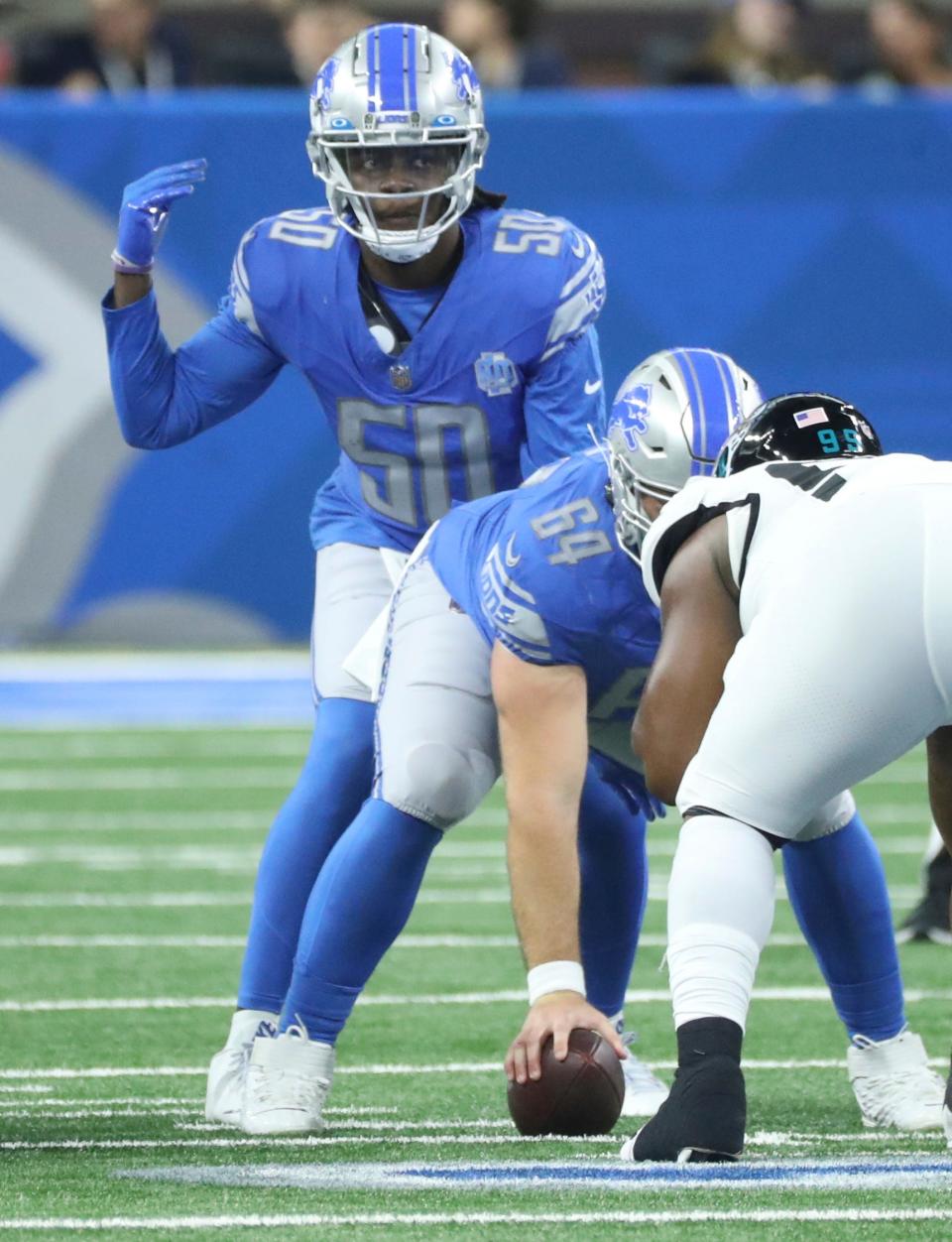 Detroit Lions quarterback Teddy Bridgewater runs the offense against the Jacksonville Jaguars during the first half of a preseason game at Ford Field, Saturday, August 19, 2023.