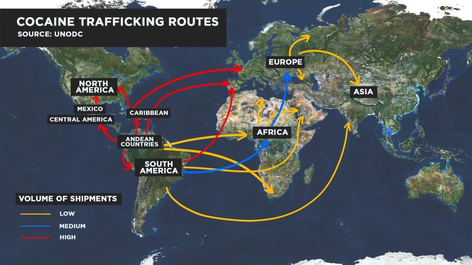 Las rutas de tráfico de cocaína en todo el mundo empiezan en los barrios de Venezuela. (Fuentes: UNODC, Yahoo Finanzas)