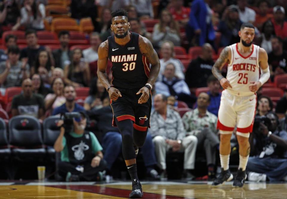 Miami Heat forward Chris Silva (30) reacts after a play in the fourth quarter of an NBA basketball regular season game against the Houston Rockets at AmericanAirlines Arena on Nov. 3, 2019.