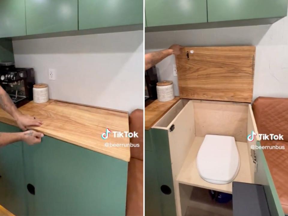 The couple's toilet is disguised as a cabinet.