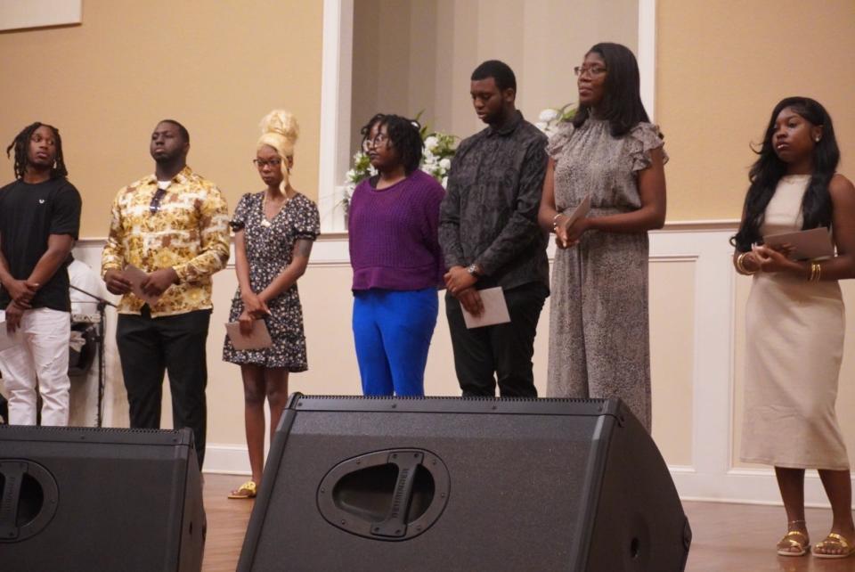 High school graduates were celebrated on Sunday during the morning worship service at Springhill Baptist Church in Gainesville. From left are Alvon Isaac, Justyn Jenkins, Charnise Waldon, Chaniya Jones, Jourdan Jenkins, Kristen Cooper and Kai Davis. Not pictured is Ja’mani Watson.
(Credit: Photo provided by Voleer Thomas)