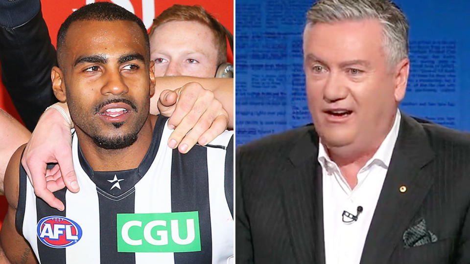 Pictured right is Eddie McGuire alongside a photo of former Collingwood player Heritier Lumumba.