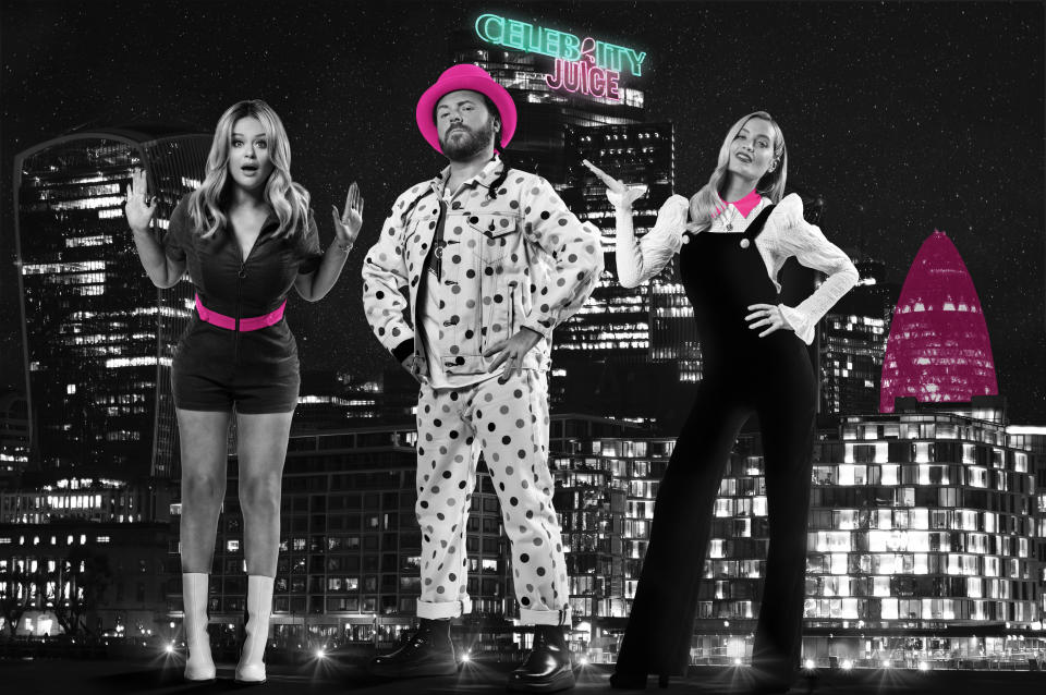 Celebrity Juice host Keith Lemon is joined by team captains Emily Atack and Laura Whitmore (ITV2).