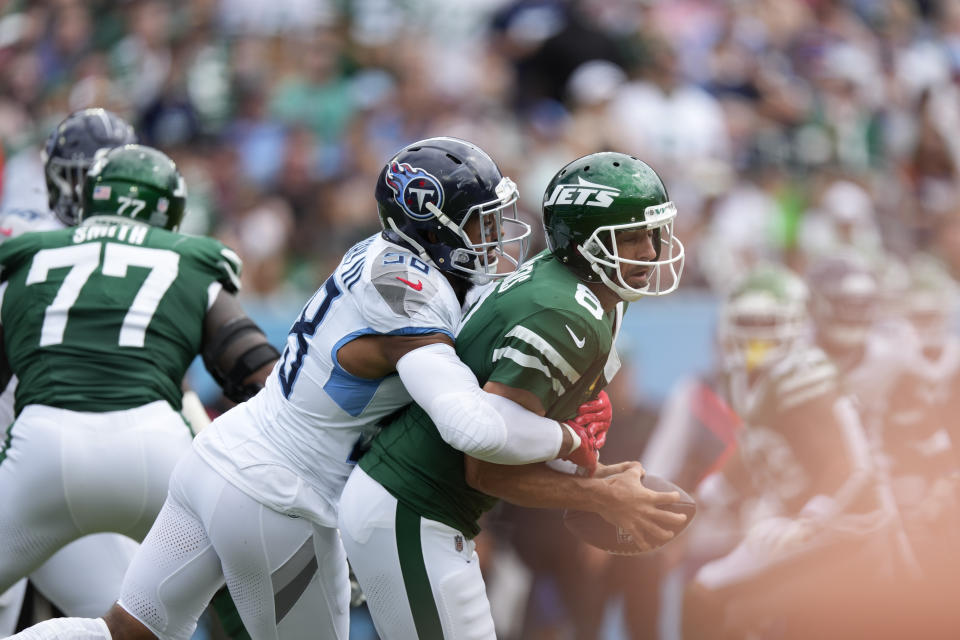 Tennessee Titans linebacker Harold Landry III (58) sacks New York Jets quarterback Aaron Rodgers (8) in the first half of an NFL football game in Nashville, Tenn., on Sunday, Sept. 15, 2024. (AP Photo/George Walker IV)