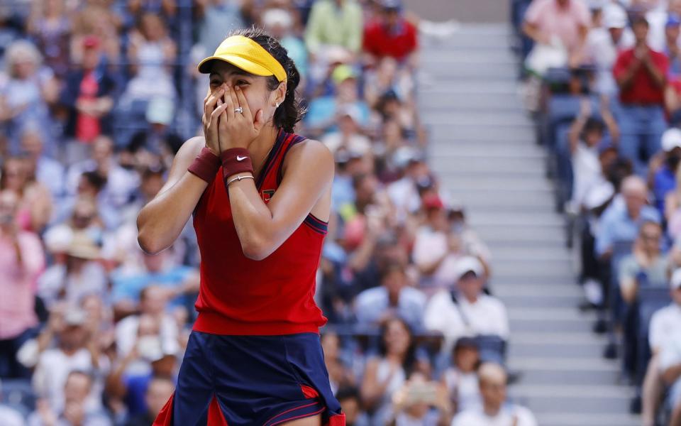 Mandatory Credit: Photo by JOHN G MABANGLO/EPA-EFE/Shutterstock (12431893ao) Emma Raducanu of Great Britain reacts after upsetting Belinda Bencic of Switzerland during their quarterfinals round match on the tenth day of the US Open Tennis Championships the USTA National Tennis Center in Flushing Meadows, New York, USA, 08 September 2021. The US Open runs  - JOHN G MABANGLO/EPA-EFE/Shutterstock