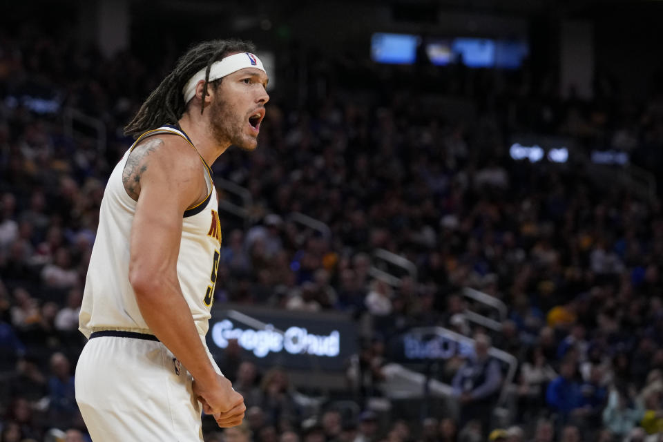 Denver Nuggets forward Aaron Gordon reacts during the first half of an NBA basketball game against the Golden State Warriors, Sunday, Feb. 25, 2024, in San Francisco. (AP Photo/Godofredo A. Vásquez)