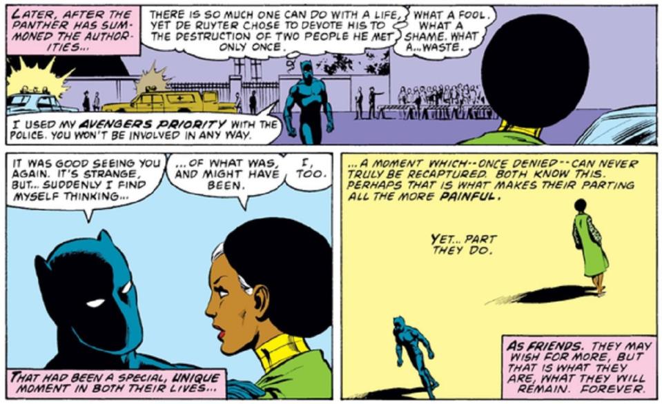 Black Panther and Storm meet as adults.