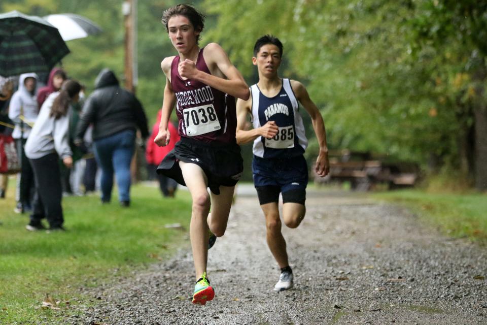 Luke Pash, of Ridgewood and Bryce Teto, of Paramus are shown during the last 50 meters of the Big North Cross Country Championship, in Mahwah. Pash finished in first place with a time of16:23, one second in front of Teto. Tuesday, October 4, 2022