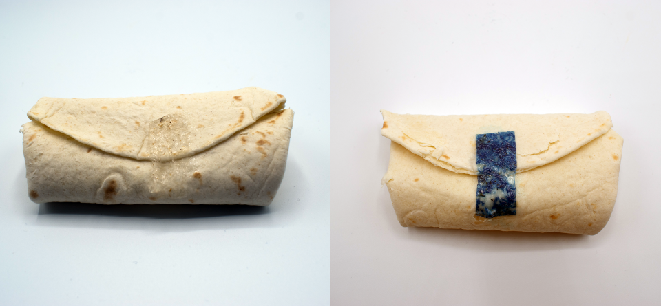 Tastee Tape is an edible adhesive created to hold together burritos or wraps. The tape is clear but dyed in blue to show how it's applied.