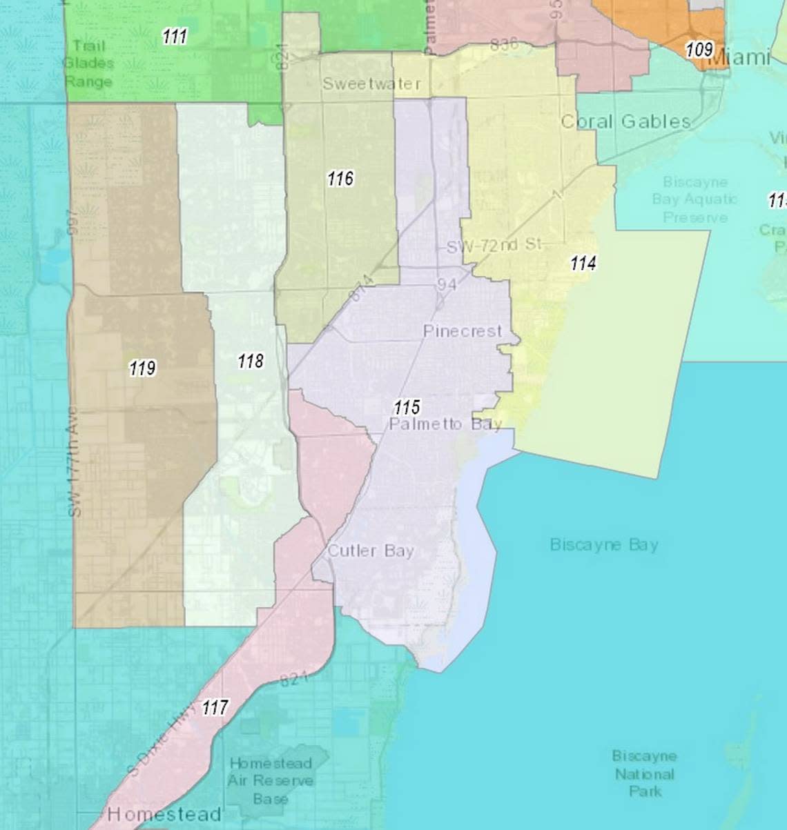 A map of Miami-Dade County’s state House districts, including districts 118 and 119, representing parts of west and Southwest Dade.